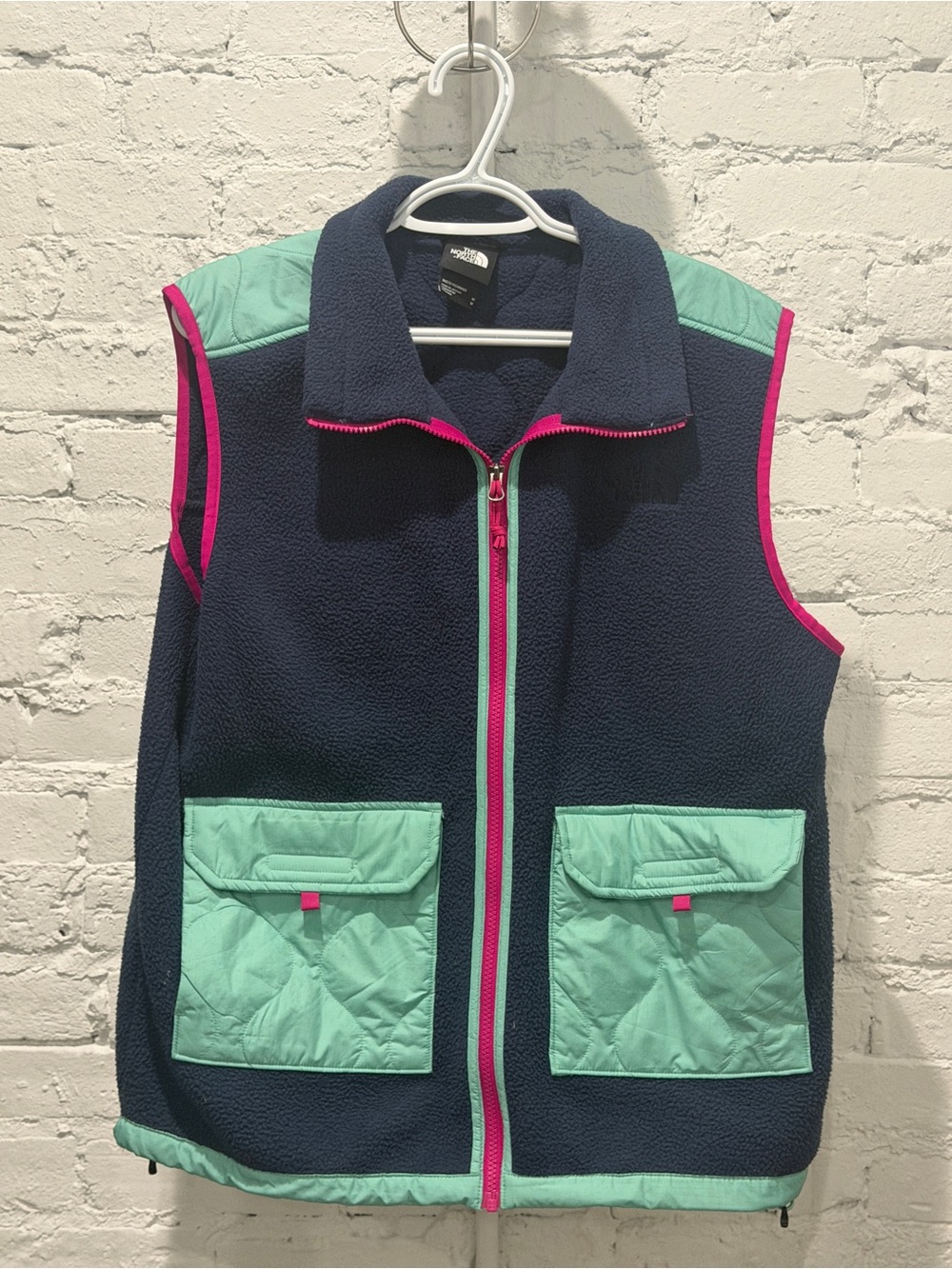 The North Face Men’s Navy & Mint Fleece Vest with Pink Trim
